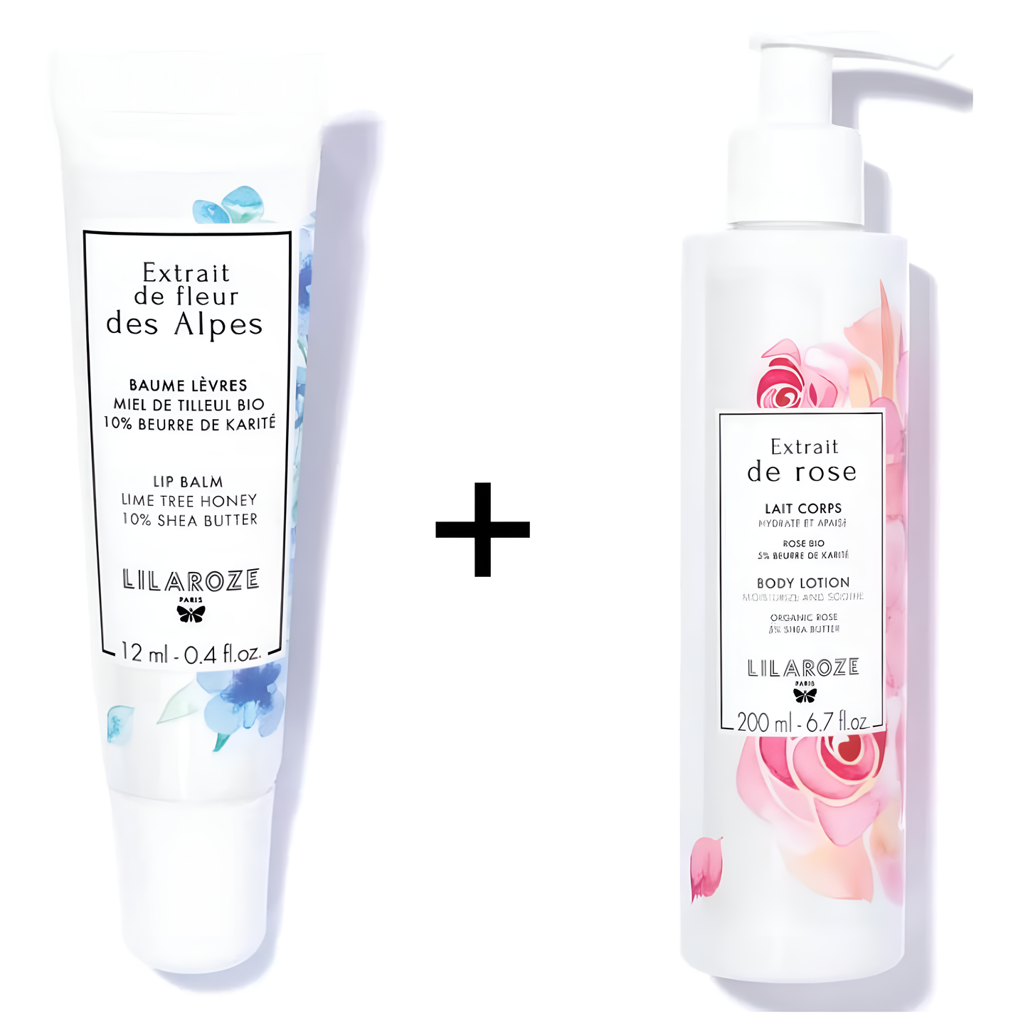 Lilaroze Paris - Packung Lippenbalsam Extrait de Fleur Des Alpes Bio-Lindenblütenhonig + Körpermilch Rosenextrakt Feuchtigkeitsspendend und beruhigend Sheabutter