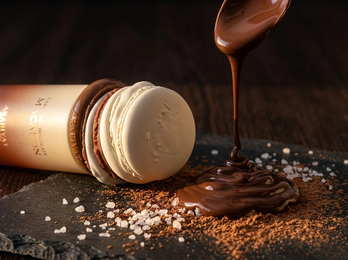 Angle : Gros plan macro très serré, incliné à 35 degrés, focus sur les macarons du capuchon. Scène : Le flacon de l'image image_8bb442.jpg est posé en plein cœur d'un plan de travail de pâtisserie en ardoise sombre. Juste à côté, un filet de chocolat noir chaud et brillant est coulé à la cuillère, figeant ses vagues satinées. Quelques cristaux de fleur de sel et de la poudre de cacao brute sont saupoudrés à la base, rappelant le fini mat du flacon. Fond & Éclairage : Arrière-plan sombre et texturé (bois d