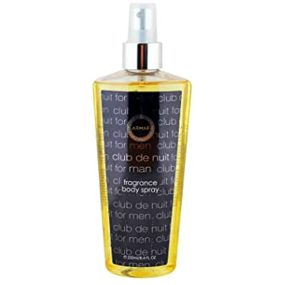 Armaf Club de Nuit Men Body Mist Body Spray Bottle mit stilvollem schwarzen und silbernen Design.
