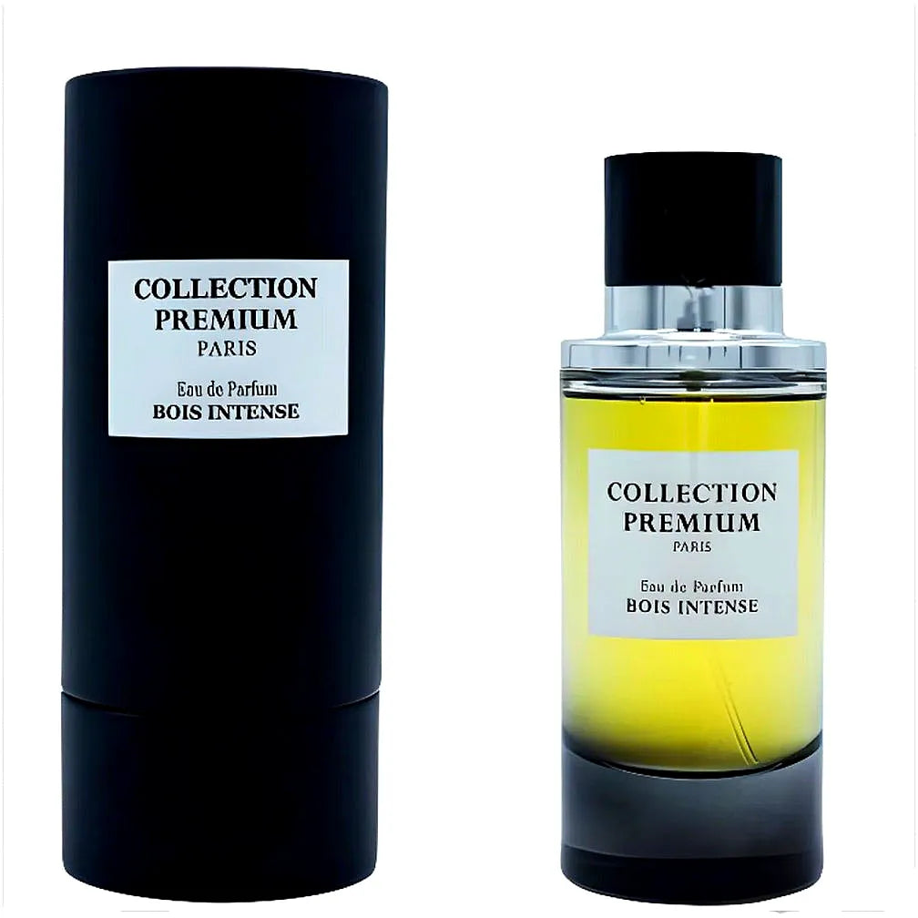 Luxuriöse Parfumflasche der Collection Premium Bois Intense, einem Unisex-Eau de Parfum mit reichen Holznoten, elegantem Design und goldenen Akzenten.