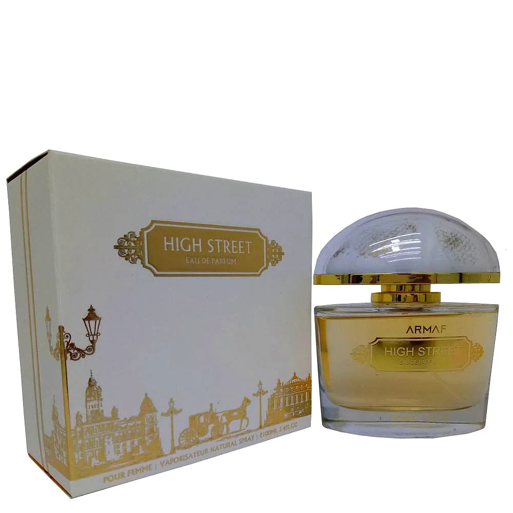 Armaf High Street Eau de Parfum für Damen, ein stilvoller Blumenduft für Frauen in einer eleganten Glasflasche mit goldenen Akzenten.