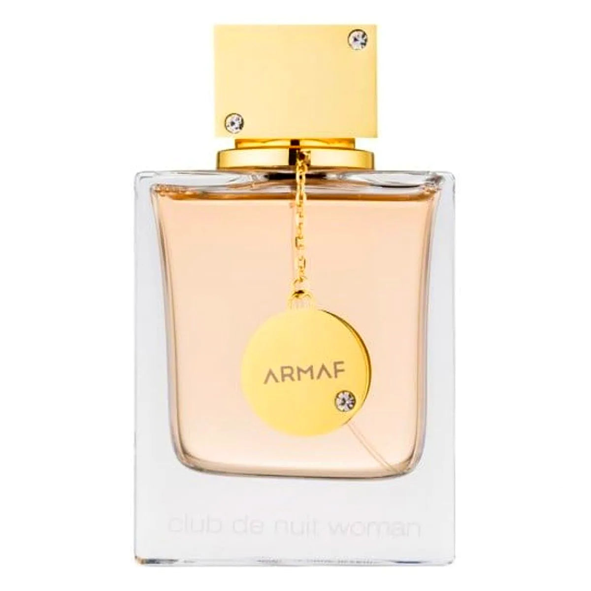 Armaf Club de Nuit Eau de Parfum for women, eine luxuriöse Duftflasche mit eleganten Goldakzenten und einer schlanken schwarzen Kappe, die auf einer reflektierenden Oberfläche angezeigt wird.