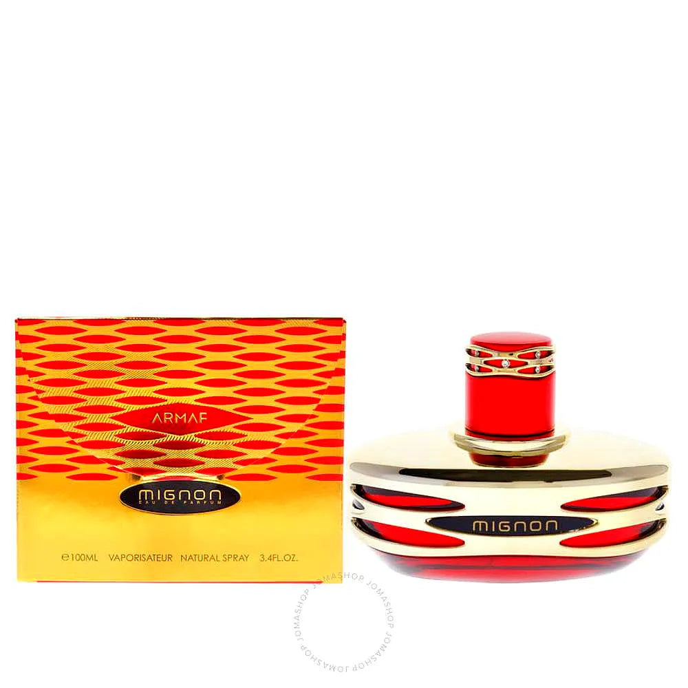 Armaf Mignon Eau de Parfum for women, ein blumiger Duft in einer eleganten Glasflasche mit goldenen Akzenten.