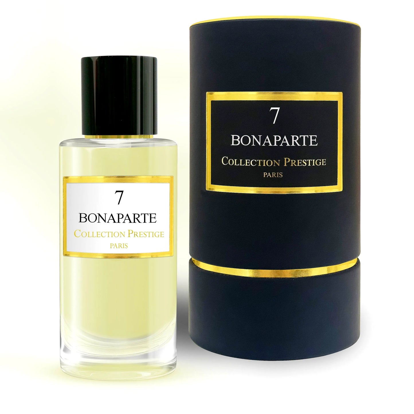 Luxuriöse Parfümflasche aus der Prestige Collection - Bonaparte, ein Unisex-Eau de Parfum mit elegantem Design und goldenen Akzenten.