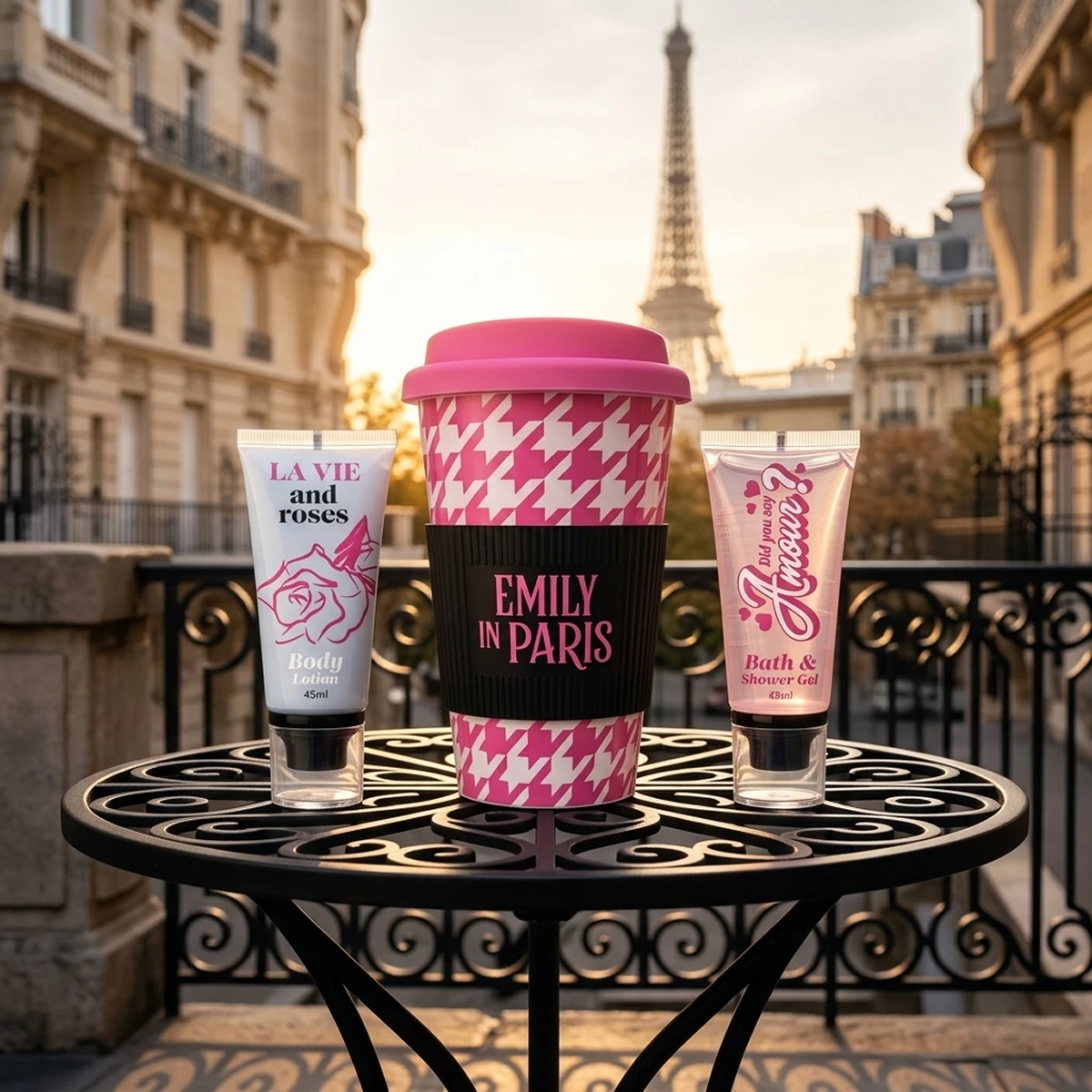 Emily in Paris - Geschenkset Travel Mug + Bath & Duschgel + Körperlotion