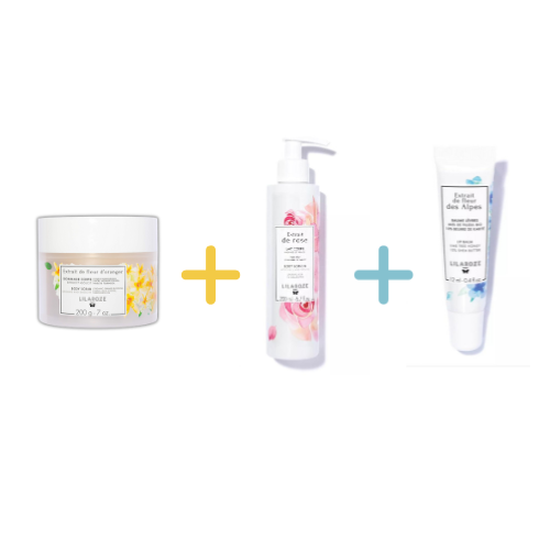 Lilaroze Paris - Packung Körperpeeling Extrait de Fleur D'oranger Bio + Körpermilch Extrait de Rose Hydrate et Apaise beurre de karité + Baume à Lèvres Extrait de Fleur Des Alpes Miel de Tilleul Bio