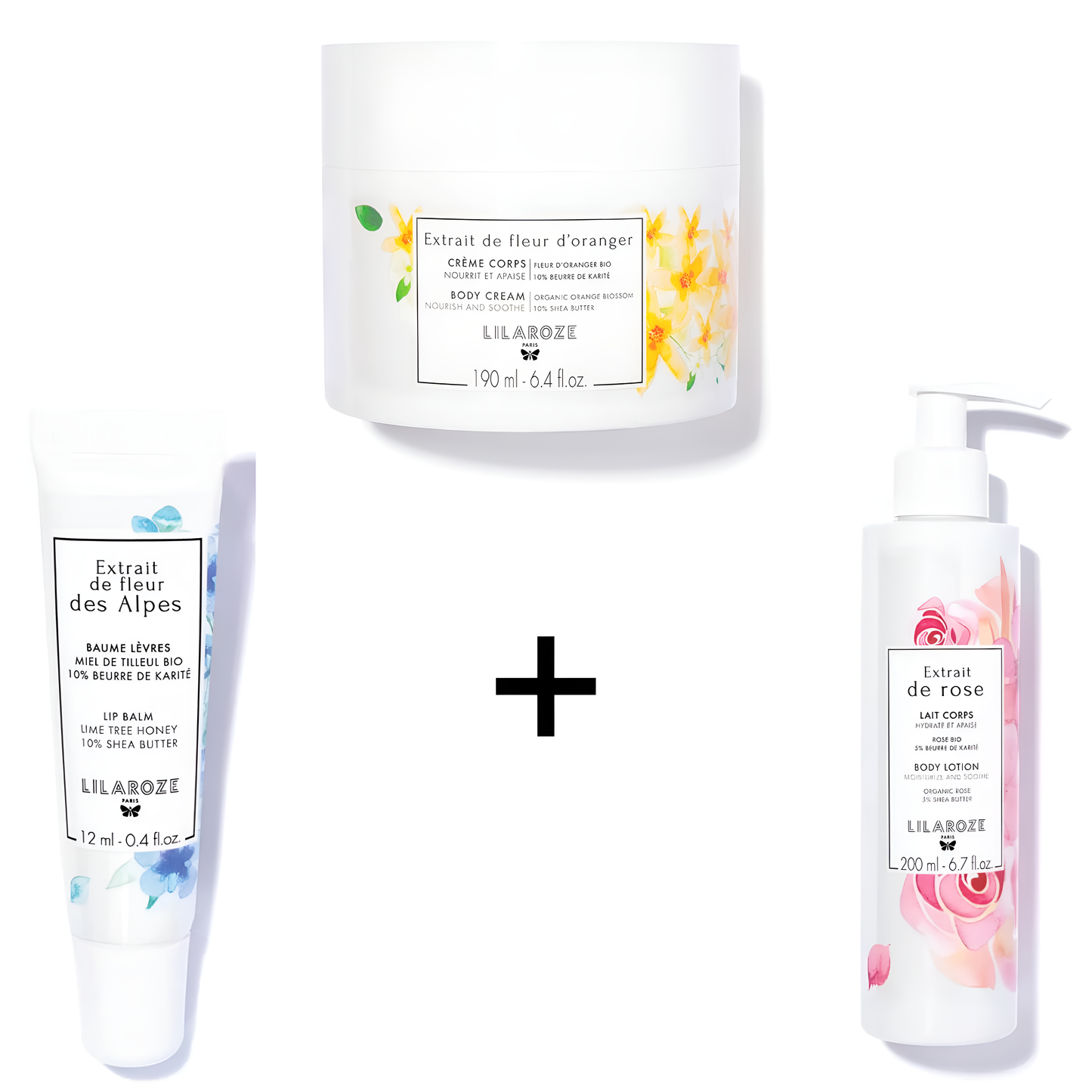 Lilaroze Paris - Packung Mizellenwasser Rosenextrakt Reinigt und entfernt Make-up Bio + Reinigungshandgel Orangenblütenextrakt + Handcreme Alpenblumenextrakt Nährt und schützt