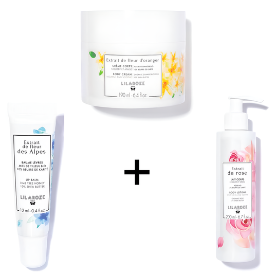 Lilaroze Paris - Packung Mizellenwasser Rosenextrakt Reinigt und entfernt Make-up Bio + Reinigungshandgel Orangenblütenextrakt + Handcreme Alpenblumenextrakt Nährt und schützt