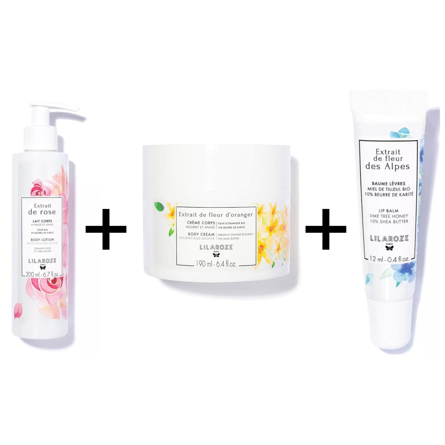 Lilaroze Paris - Packung Körperpeeling Extrait de Fleur D'oranger Bio + Körpermilch Extrait de Rose Hydrate et Apaise beurre de karité + Baume à Lèvres Extrait de Fleur Des Alpes Miel de Tilleul Bio