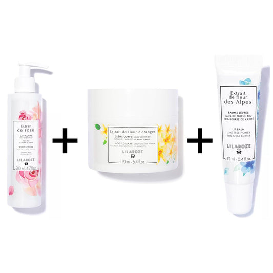 Lilaroze Paris - Packung Körperpeeling Extrait de Fleur D'oranger Bio + Körpermilch Extrait de Rose Hydrate et Apaise beurre de karité + Baume à Lèvres Extrait de Fleur Des Alpes Miel de Tilleul Bio