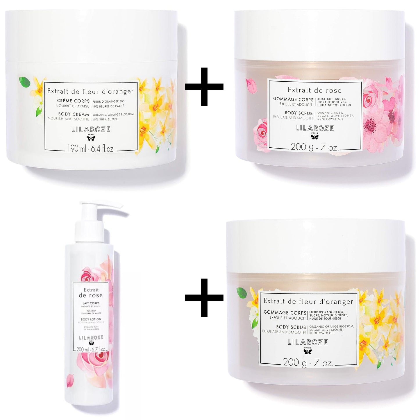 Lilaroze Paris - Packung Körperpeeling Extrait de fleurs D'oranger + Körperpeeling Extrait de rose + Körpercreme Extrait de fleur d'Oranger + Körpermilch Extrait de rose