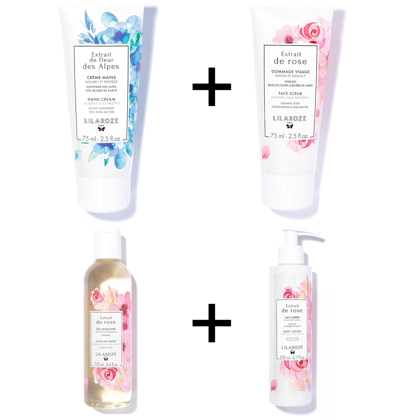 Lilaroze Paris - Packung Körpermilch mit Rosenextrakt + Mizellenwasser mit Rosenextrakt + Handcreme mit Alpenblumenextrakt + Gesichtsmaske mit Rosenextrakt