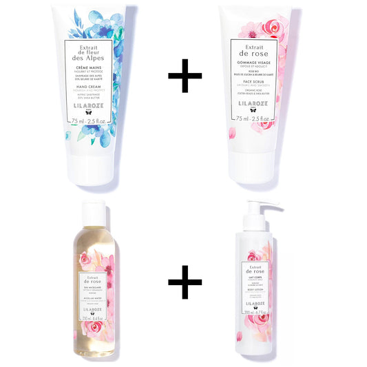 Lilaroze Paris - Packung Körpermilch mit Rosenextrakt + Mizellenwasser mit Rosenextrakt + Handcreme mit Alpenblumenextrakt + Gesichtsmaske mit Rosenextrakt
