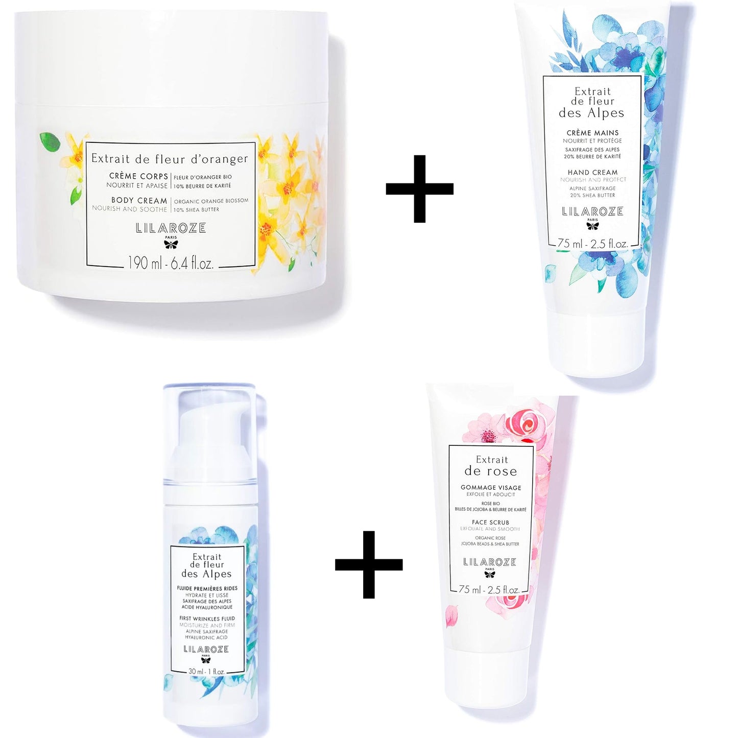 Lilaroze Paris - Packung Gesichtsmaske Rosenextrakt + Fluide Premiere Rides Alpenblumenextrakt + Handcreme Alpenblumenextrakt + Körpercreme Orangenblütenextrakt