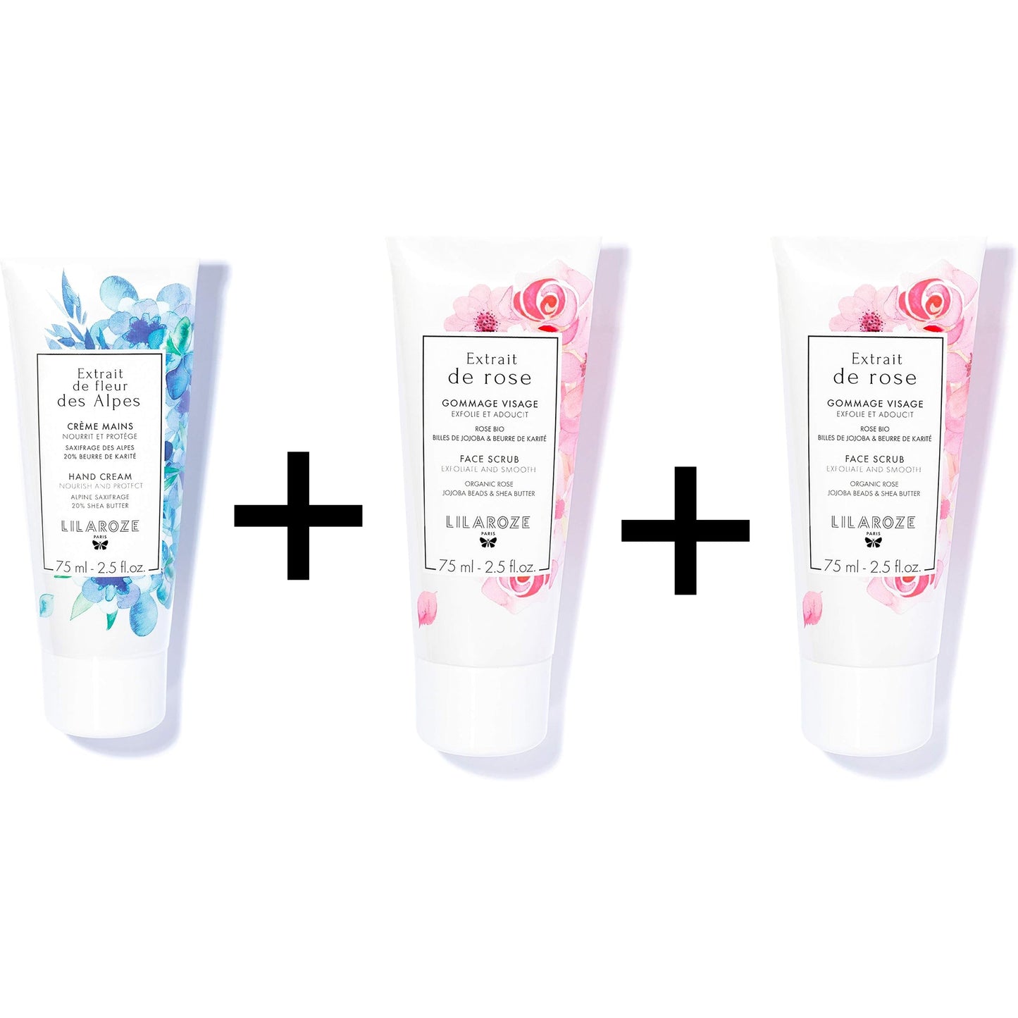 Lilaroze Paris - Packung Gesichtsmaske Extrait de Rose Hydrate et Tonifie + Gesichtspeeling Extrait de Rose Exfoliate et Adoucit + Crème Mains Extrait de Fleur Des Alpes Nourrit et Protecte