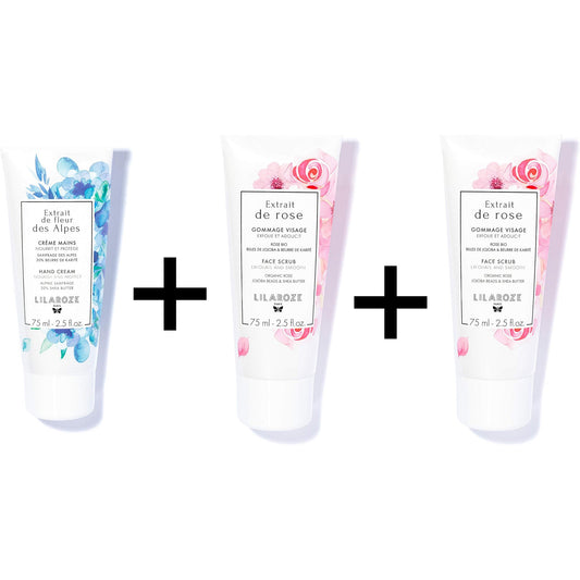 Lilaroze Paris - Packung Gesichtsmaske Extrait de Rose Hydrate et Tonifie + Gesichtspeeling Extrait de Rose Exfoliate et Adoucit + Crème Mains Extrait de Fleur Des Alpes Nourrit et Protecte