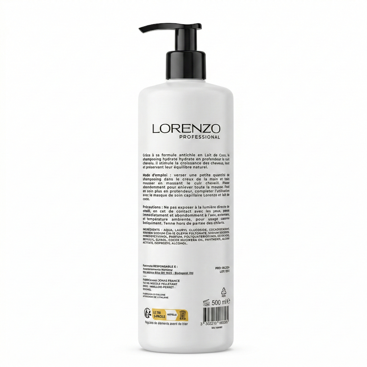 500ml Lorenzo Professional - Shampooing Sans Sulfate a l'Huile de Coco