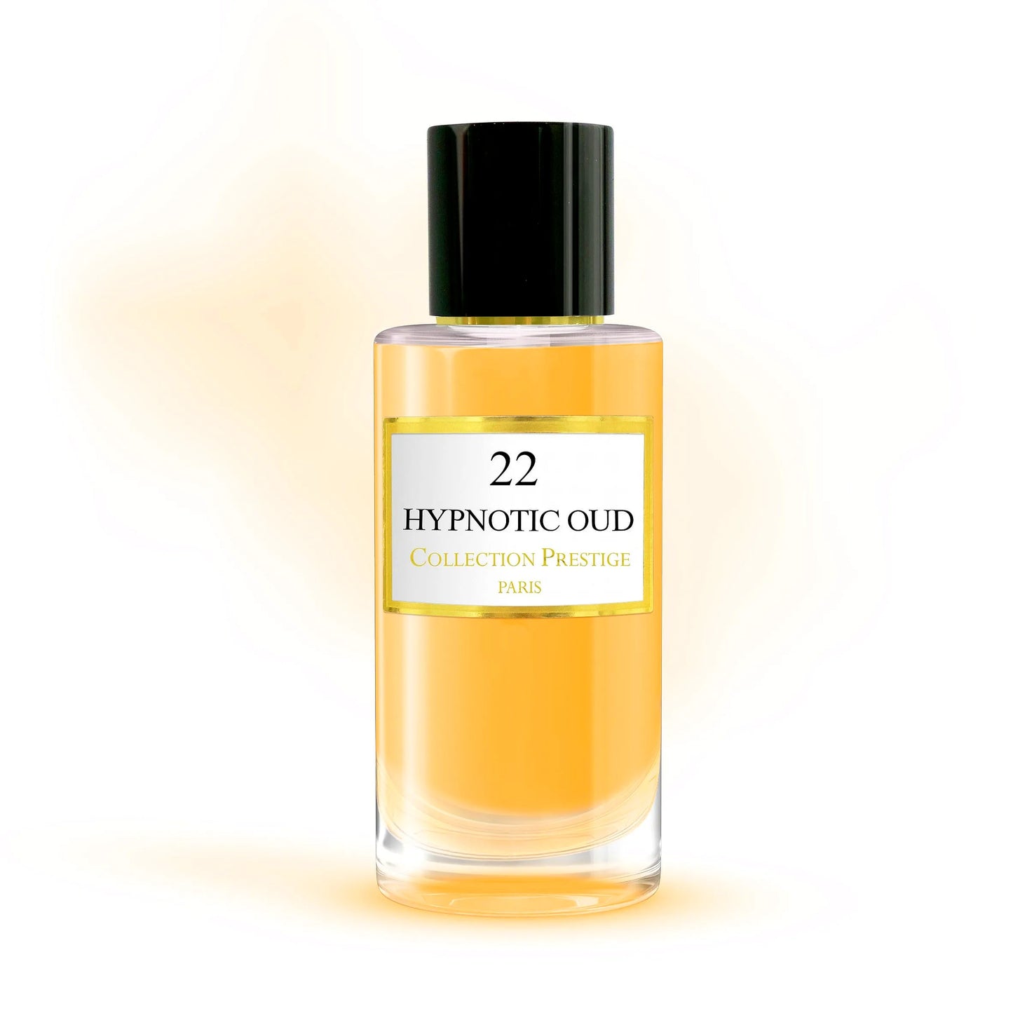 Luxuriöse Flasche von Collection Prestige Hypnotic Oud Eau de Parfum Mixte mit eleganten Goldakzenten und einem sleek schwarzen Design.
