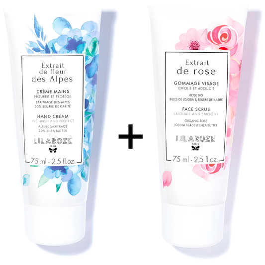 Lilaroze Paris - Packung Handcreme Extrait de Fleur Des Alpes Nährt und schützt + Gesichtspeeling Extrait de Rose Exfoliiert und erweicht