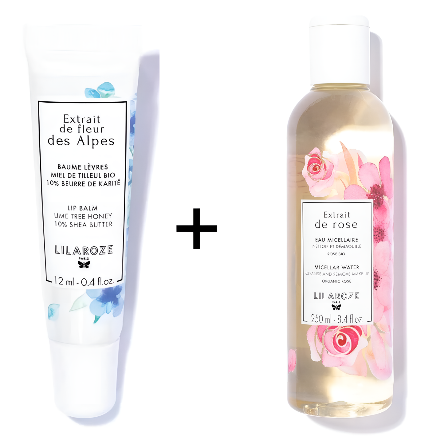Lilaroze Paris - Packung Lippenbalsam Extrait de Fleur Des Alpes Bio-Lindenblütenhonig + Mizellenwasser Extrait de Rose Reinigt und entfernt Make-up Bio