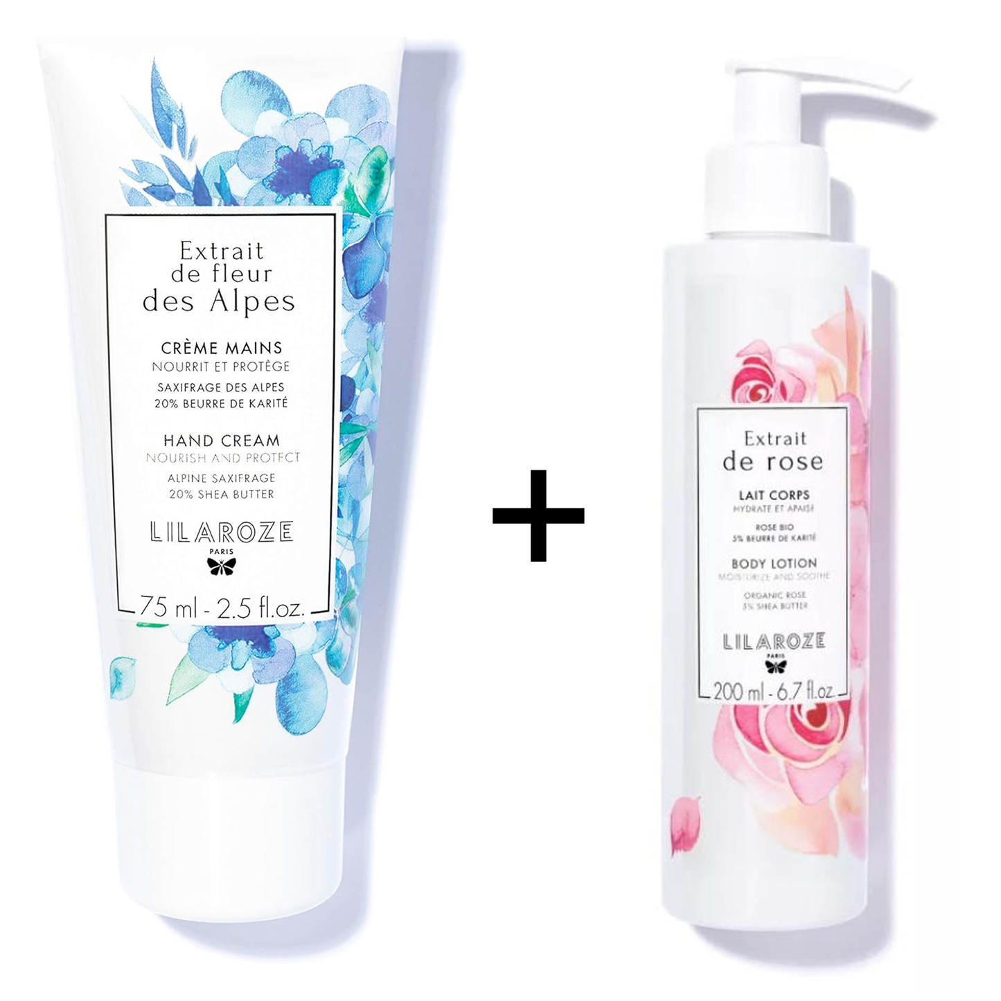 Lilaroze Paris - Handcreme Extrait de Fleur Des Alpes Nährt und schützt + Körpermilch Extrait de Rose Feuchtigkeitsspendend und beruhigend Sheabutter