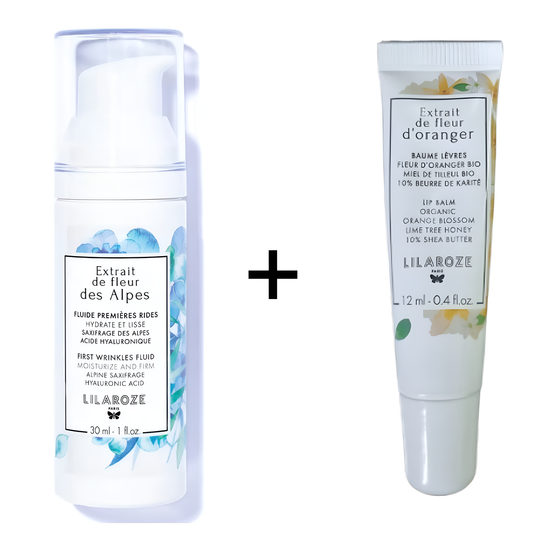 Lilaroze Paris - Pack Fluide Première Rides Extrait de Fleur Des Alpes Hydrate et Glisse Acide Hyaluronique + Baume Lèvres Extrait de Fleur D'oranger Beurre de Karité