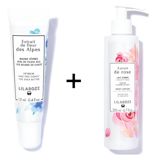 Lilaroze Paris - Packung Lippenbalsam Extrait de Fleur Des Alpes Bio-Lindenblütenhonig + Körpermilch Rosenextrakt Feuchtigkeitsspendend und beruhigend Sheabutter
