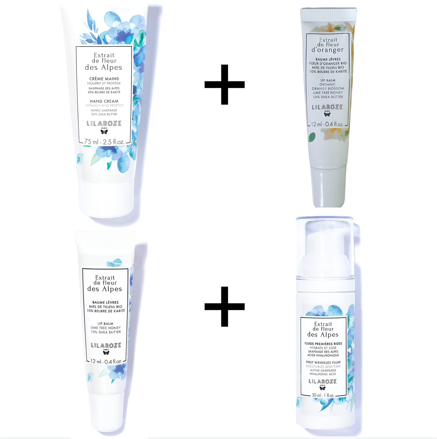 Lilaroze Paris - Pack Creme Mains Extrait de fleur des Alpes + Fluide Premieres Rides Extrait de fleur des Alpes + Baume Levres Extrait de fleur des Alpes + Baume Levres Orangenblütenextrakt