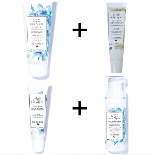 Lilaroze Paris - Pack Creme Mains Extrait de fleur des Alpes + Fluide Premieres Rides Extrait de fleur des Alpes + Baume Levres Extrait de fleur des Alpes + Baume Levres Orangenblütenextrakt