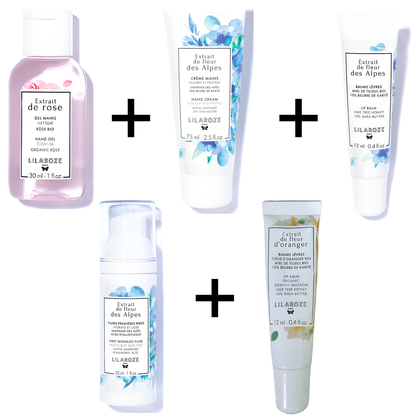 Lilaroze Paris - Pack Creme Mains Extrait de fleur des Alpes + Fluide Premieres Rides Extrait de fleur des Alpes + Baume Levres Extrait de fleur des Alpes + Baume Levres Extrait de fleur d'Oranger + Gel Main Extrait de Rose