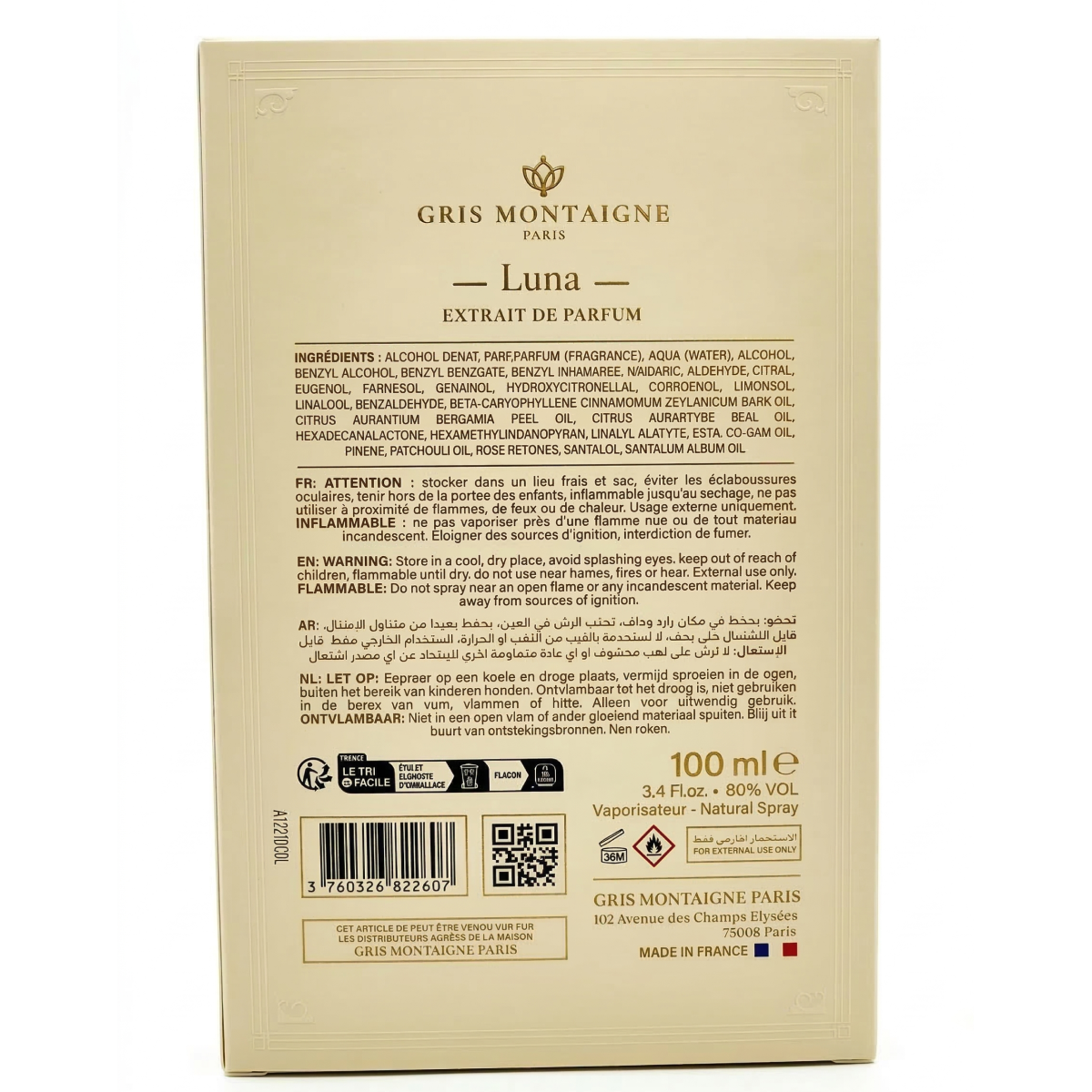 100ml Gris Montaigne - Luna - Extrait de Parfum pour Femme