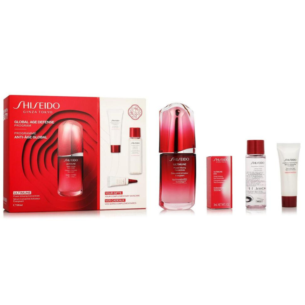 Shiseido - Global Anti-Aging Programm - Ultimune Energie spendendes Aktivierungskonzentrat 50 Ml.
 + Klärender Reinigungsschaum 15 Ml
 +Lotion Ausgleichende Pflege 30 Ml
 + Ultimune Energizing Eye Activator Concentrate 3 ml