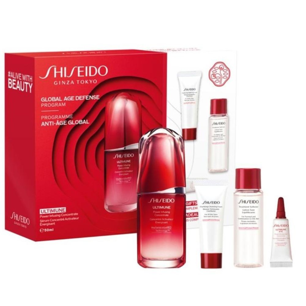 Shiseido - Global Anti-Aging Programm - Ultimune Energie spendendes Aktivierungskonzentrat 50 Ml.
 + Klärender Reinigungsschaum 15 Ml
 +Lotion Ausgleichende Pflege 30 Ml
 + Ultimune Energizing Eye Activator Concentrate 3 ml