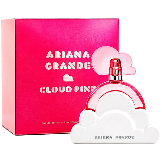 Ariana Grande Cloud Pink Eau de Parfum for women, featuring a soft pink bottle with a fluffy cloud-shaped topper.