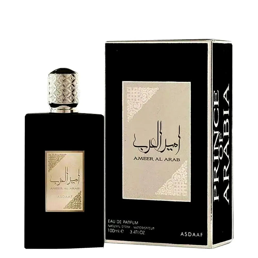 Bottle of Asdaaf Ameer Al Arab Eau de Parfum for men, elegantes Design mit arabisch-inspirierten Details.