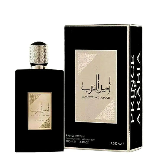 Bottle of Asdaaf Ameer Al Arab Eau de Parfum for men, elegantes Design mit arabisch-inspirierten Details.