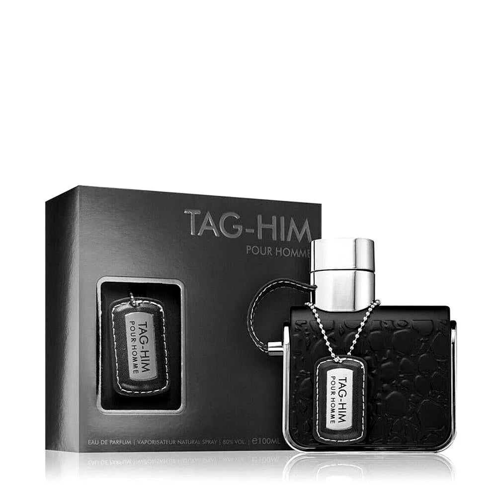 Armaf Tag Him Eau de Parfum pour homme fragrance bottle with sleek design, gold accents, and elegant branding.