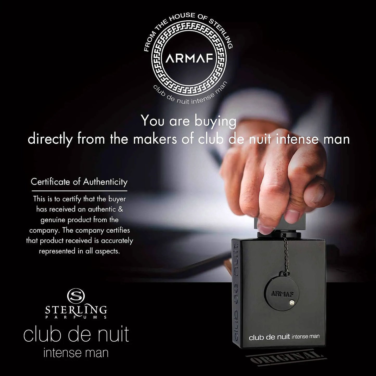 Armaf Club de Nuit Intense Eau de Toilette für Männer Duftflasche mit schlankem Design und goldenen Akzenten.