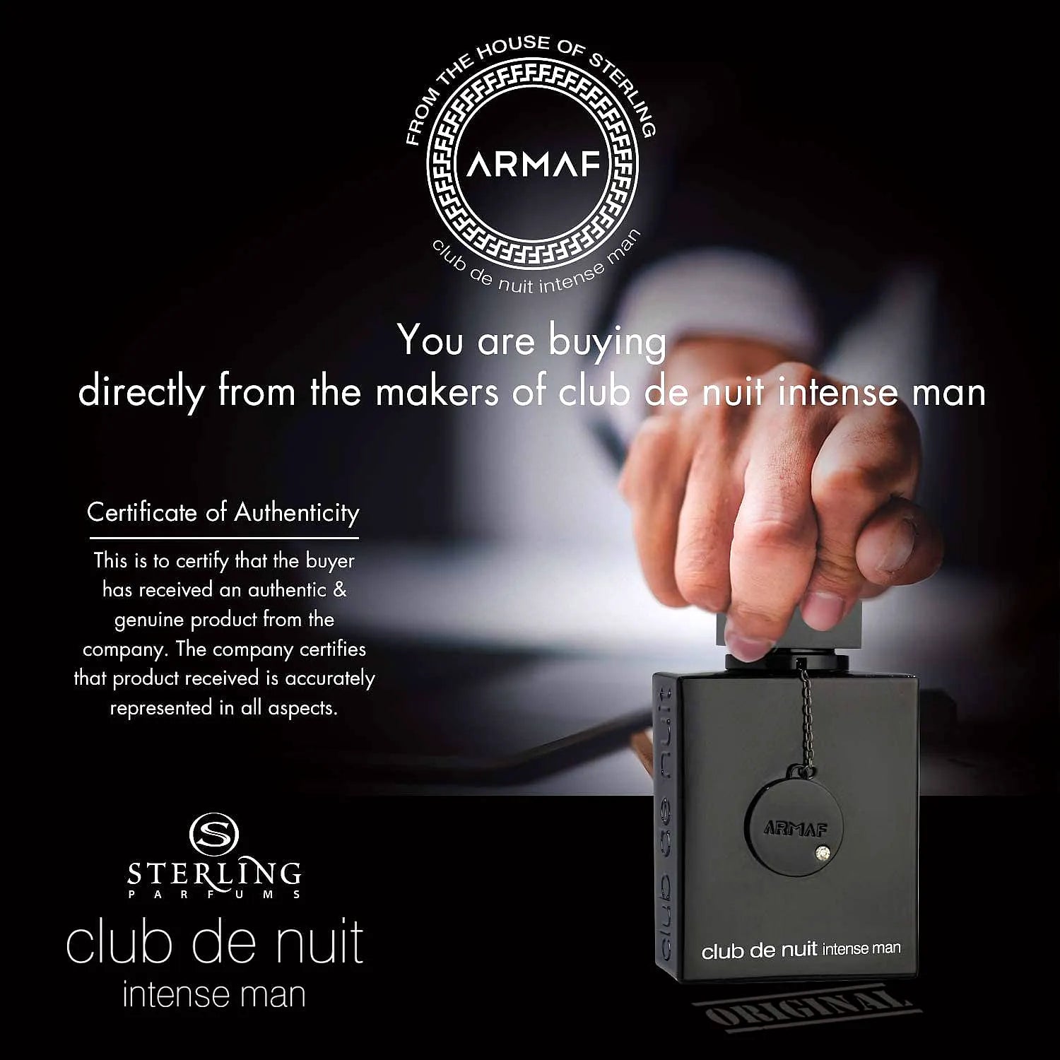 Armaf Club de Nuit Intense Eau de Toilette für Männer Duftflasche mit schlankem Design und goldenen Akzenten.