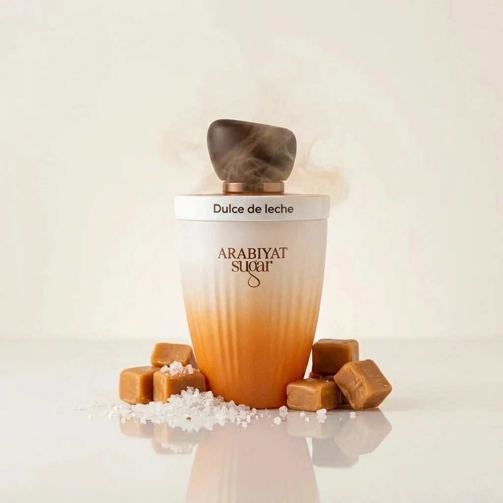 Angle : Au niveau du sol (Ground-level shot), focus sur la base orange-caramel du flacon.  Scène : Le flacon complet se tient parfaitement vertical, posé sur une surface en verre opale blanc brillant qui crée un reflet doux et diffus. À sa base, de délicats cubes de caramel mou artisanal et quelques grains de fleur de sel sont disposés avec soin. Une fine brume parfumée et vaporeuse enveloppe discrètement le capuchon marron asymétrique.  Fond : Un mur de studio monochrome couleur blanc cassé ou crème mat, u