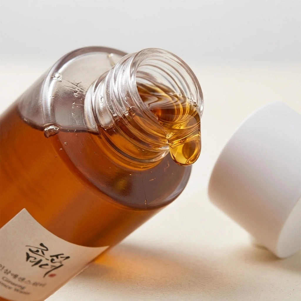 Angle : Gros plan macro très serré, angle incliné vers le goulot.  Scène : Le flacon est mis en scène sans son bouchon blanc. À la surface du goulot transparent, une goutte bombée de l'essence ambrée est figée, capturant des reflets dorés. Le bouchon blanc mat est posé à côté, légèrement flou à droite.  Décor & Lumière : Surface en béton ciré crème mat. Une softbox latérale crée un éclat satiné net sur la courbure du liquide et souligne la pureté du design. (gemini-3.1-flash-image-preview)