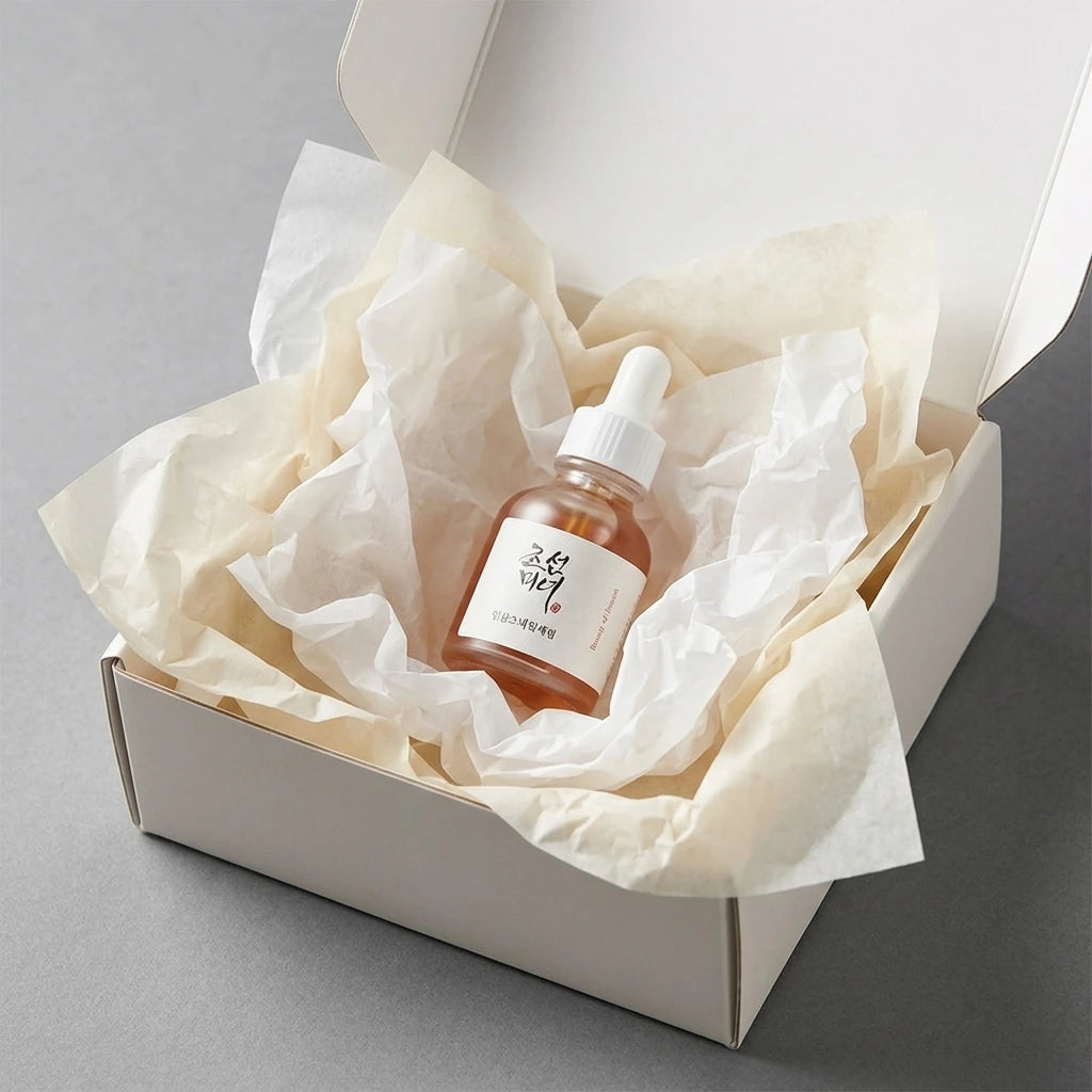 Angle : Vue oblique dynamique à mi-hauteur.  Scène : Le flacon de l'image est présenté à l'intérieur d'un coffret de livraison premium e-commerce en carton blanc mat ouvert. Le produit est niché au milieu d'une superposition esthétique de papiers de soie froissés de deux nuances : blanc laiteux et crème.  Fond & Lumière : Surface de studio mate et contemporaine grise. Éclairage uniforme et très lumineux de studio, mettant en valeur l'aspect cadeau exclusif et personnalisé du produit. (gemini-3.1-flash-image
