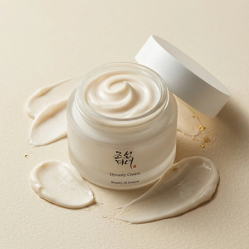 Angle : Vue plongeante à 30°  Open Beauty of Joseon Dynasty Cream jar with smooth cream swirl visible, placed on creamy beige background with artistic cream smears around it, luxury skincare editorial photography, soft natural lighting, realistic product texture, premium beauty advertising, macro details, high-end cosmetic campaign. (gemini-3.1-flash-image-preview)