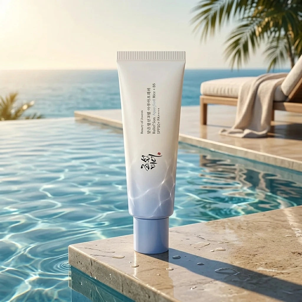 Angle : face produit  Beauty of Joseon Relief Sun SPF50+ beside a luxury infinity pool, crystal clear water reflections, bright summer sunlight, premium sunscreen advertising, luxury skincare campaign, realistic beauty photography, elegant vacation atmosphere. (gemini-3.1-flash-image-preview)