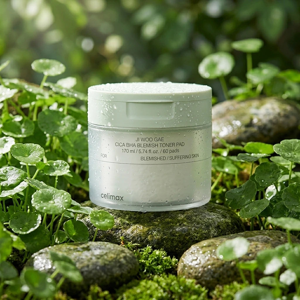 Outdoor commercial product photography of Celimax Ji Woo Gae Cica BHA Blemish Toner Pad jar, nestled among lush green Centella Asiatica plants and damp mossy stones. Morning dew droplets on the jar, soft natural sunlight filtering through leaves, organic and refreshing environment, hyper-realistic. Shot on 70mm lens, F7, ISO 250 --ar 1:1 (gemini-3.1-flash-image-preview)