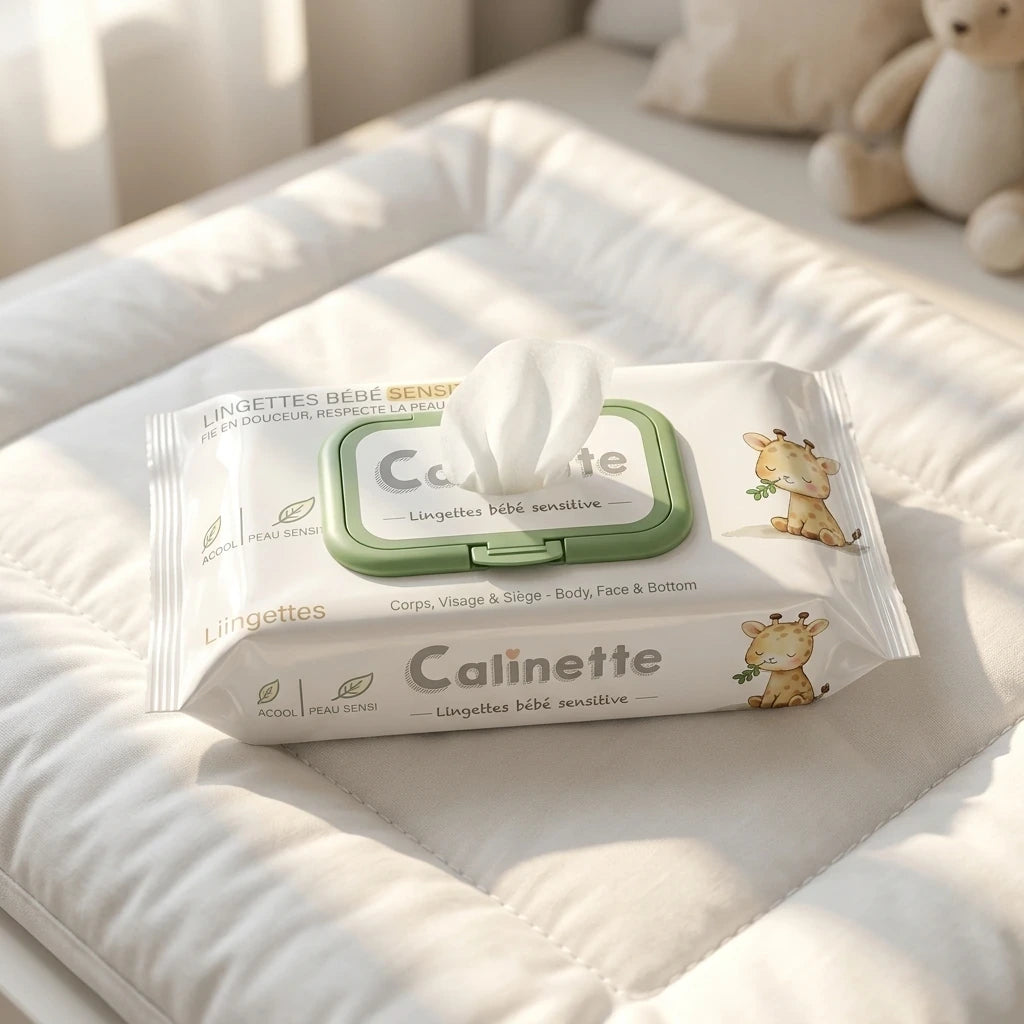 Commercial 1:1 product photography of "Calinette - Lingettes Bébé Sensitive" packaging placed on a white padded changing mat. Gentle, warm sunbeams stream in from a nearby window, creating a bright, pure, and realistic atmosphere. One wipe is slightly peeking out of the closed plastic lid. Crisp details. Shot on 70mm lens, f/4.0, ISO 250, realistic textures, no 3D render. --ar 1:1 (gemini-3.1-flash-image-preview)