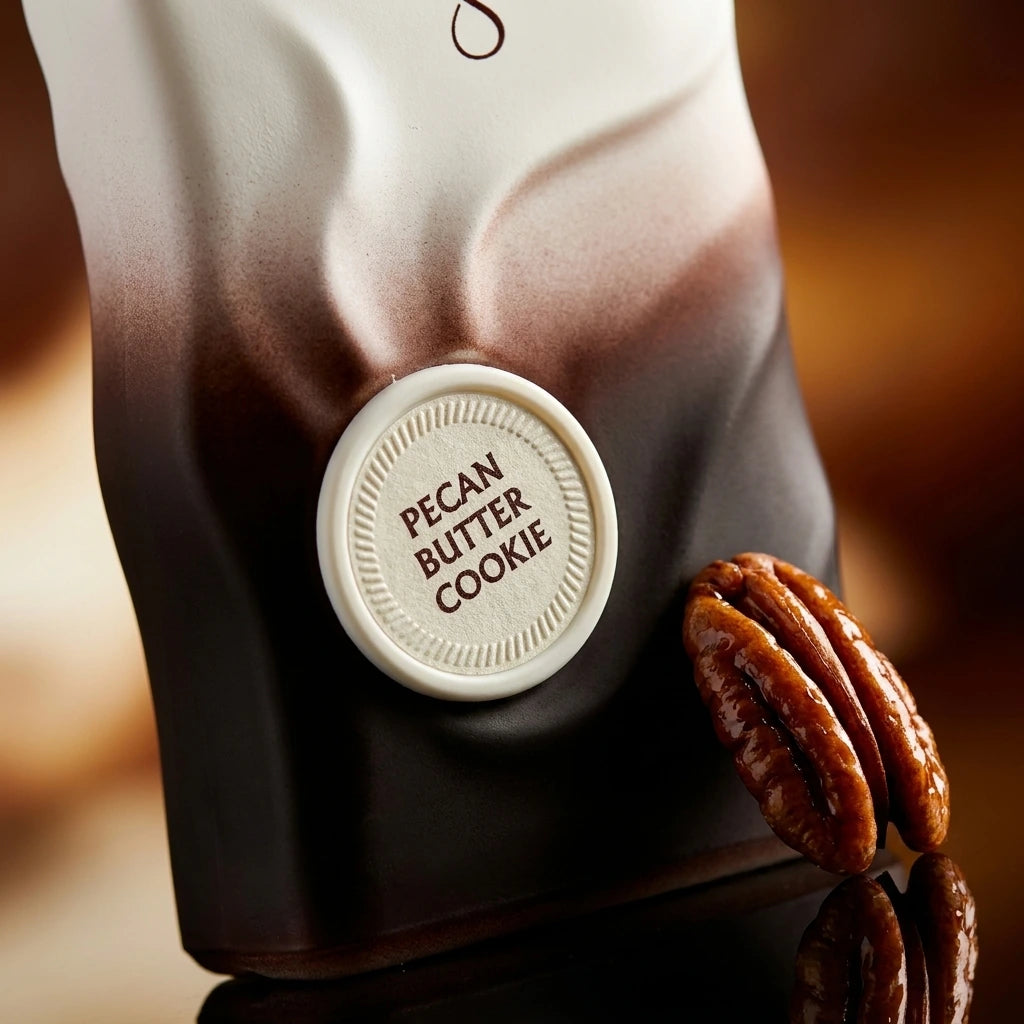 Angle : Gros plan macro serré, angle à $45^\circ$ centré sur l'étiquette ronde "PECAN BUTTER COOKIE".Scène : Focus absolu sur le flacon de "Pecan Butter Cookie" de l'image image_896e70.jpg. L'éclairage de studio (boîte à lumière focalisée) met en relief les ondulations organiques sur le flacon. Juste à côté de la base sombre, une demi-noix de pécan parfaitement torréfiée et luisante est disposée avec art pour capter des reflets nets.Fond : Arrière-plan flou de studio (bokeh) dégradé dans des tons marron cha