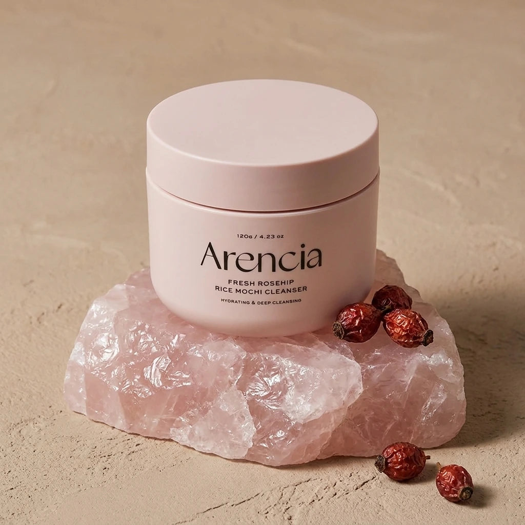 Angle : Prise de vue à $45^\circ$, légèrement surélevée pour donner du relief.Scène : Le pot d'Arencia de l'image image_c1c0dc.jpg est représenté fermé avec son couvercle rose poudré mat parfaitement vissé. Il est posé à la verticale sur un bloc asymétrique de quartz rose brut et cristallin. À côté du flacon, quelques baies de cynorrhodon (rosehip) séchées et ridées apportent une touche de texture authentique.Décor & Lumière : Fond de studio en stuc mat de couleur beige argileux doux. Une lumière latérale d
