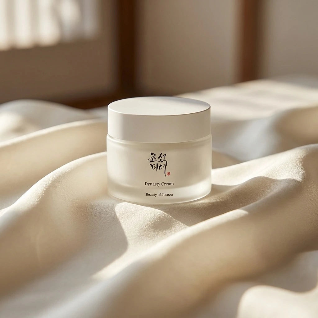 Angle : Face produit  Beauty of Joseon Dynasty Cream on folded ivory silk fabric inspired by traditional Korean hanbok, elegant draping, soft sunlight, luxury skincare product shot, premium Korean beauty aesthetic, realistic shadows, frosted glass jar details, minimal and sophisticated composition. (gemini-3-pro-image-preview)