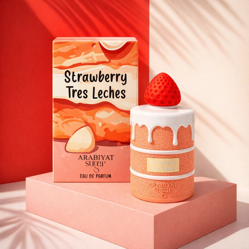 Bold, contemporary e-commerce product shot of the Arabiyat Sugar Strawberry Tres Leches perfume bottle and box (image_519704.jpg). The products are displayed on a matte pastel salmon-pink geometric pedestal against a clean, contrasting solid red or soft ivory backdrop. Sharp, modern architectural shadows cut elegantly across the frame, simulating a luxury niche fragrance boutique display. Fresh, playful, and striking layout. Aspect ratio 1:1, size 1200x1200px. (gpt-image-1.5)